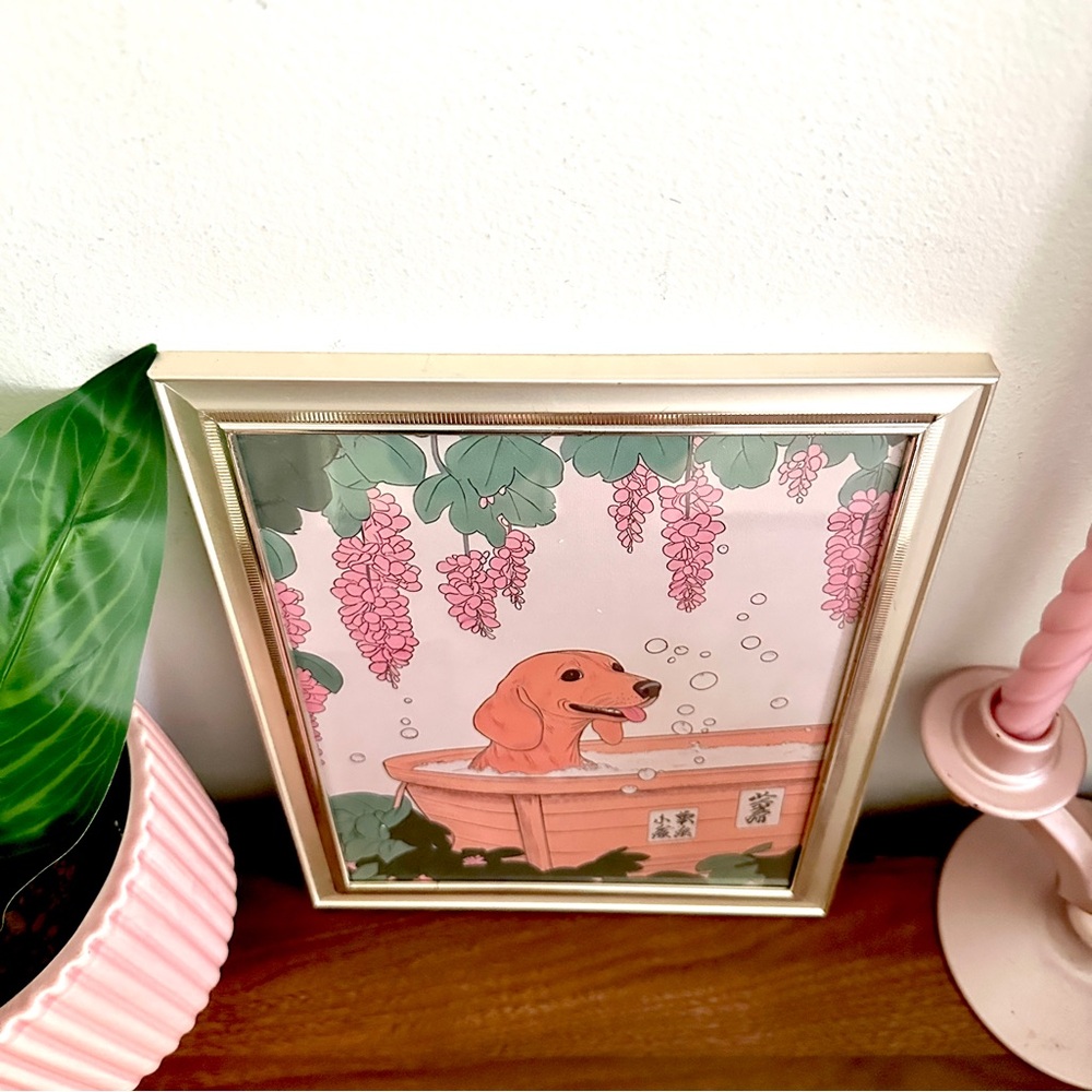 Tan Dachshund Bathtub Japanese Style Bathroom Print Bath Dog Wall Art Framed - Picture 5 of 10